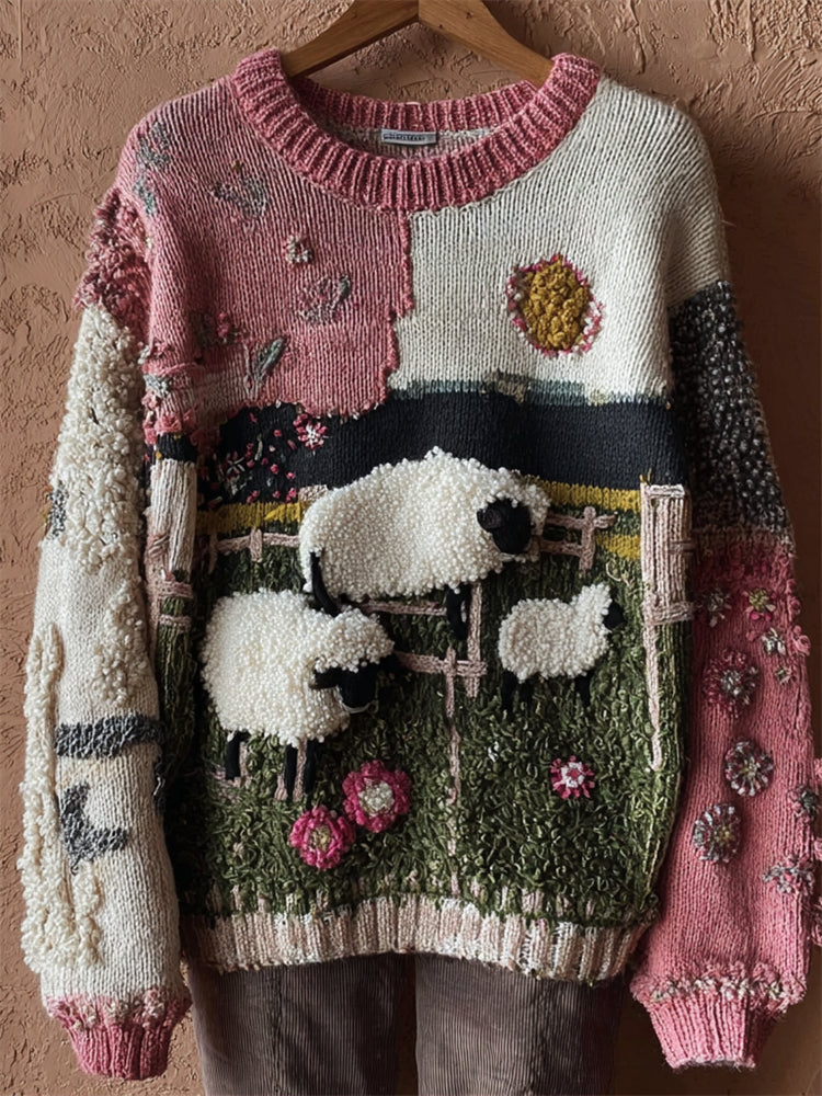 Comstylish Vintage Farm Sheep Floral Colorblock Patchwork Cozy Knit Sweater