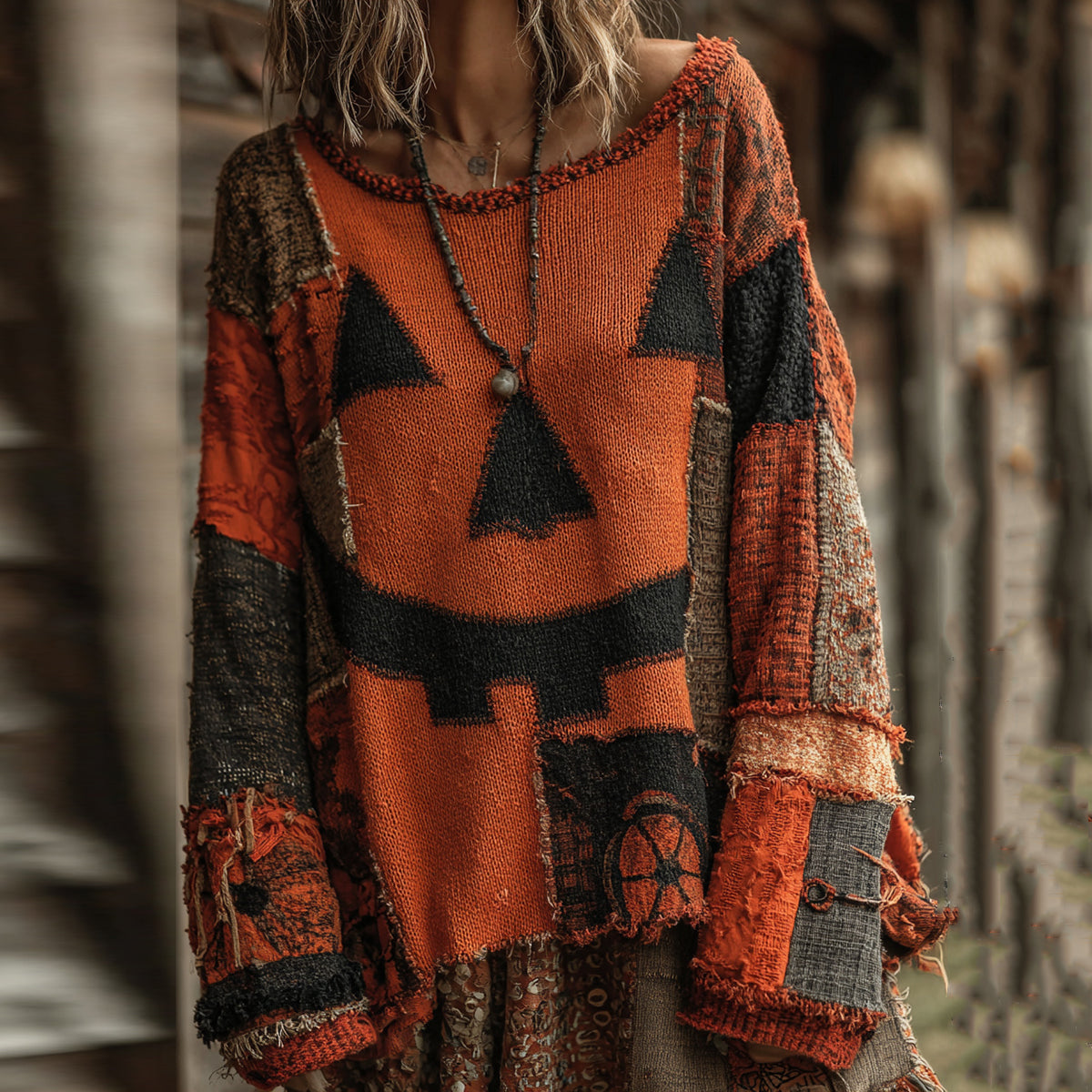 Comstylish Halloween Pumpkin Face Art Cozy Knit Sweater
