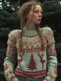 Women's Christmas Tree And Elk Fair Island Make Old Green Round Neck Sweater artswardrobe