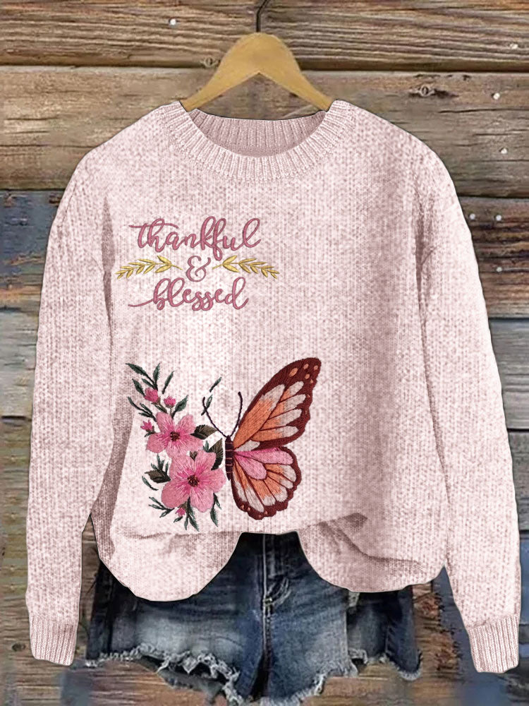 Pink Consciousness Blessed Butterfly Embroidered Sweater artswardrobe