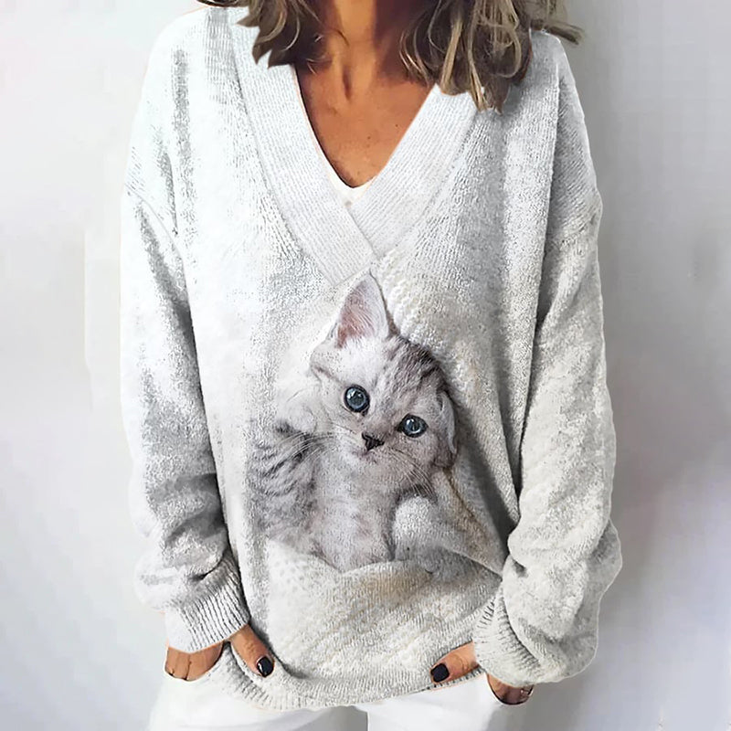 Comstylish Women's Vintage Cute Cat Knit V Neck Cozy Sweater