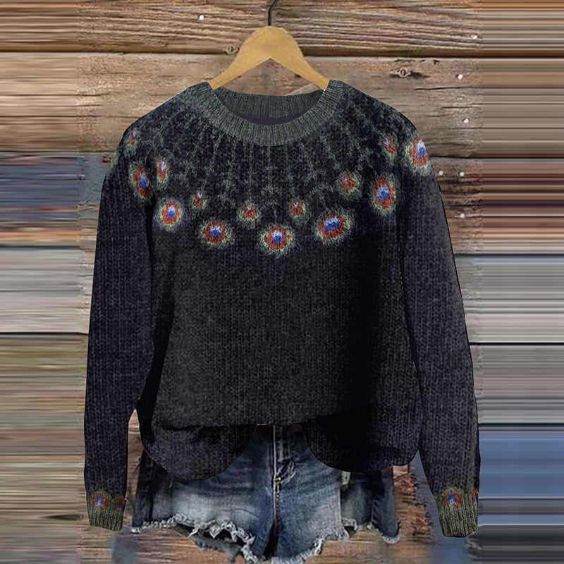 Vintage Peacock Feather Art Graphic Island Knit Jacquard Crew Neck Sweater elevenforest