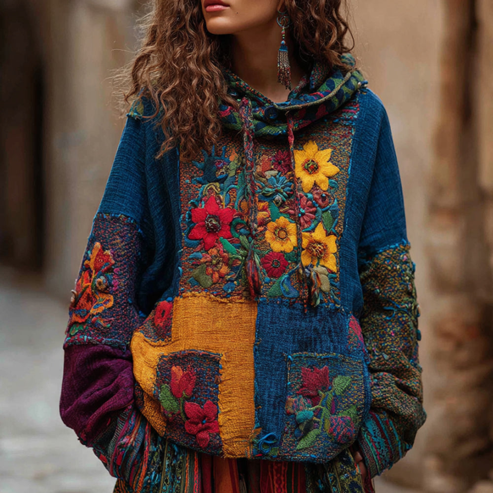 Comstylish Bohemian Style Ethnic-inspired Multi-colored Floral Embroidery Patchwork Vintage-style Distressed Hooded Long-sleeved Sweater