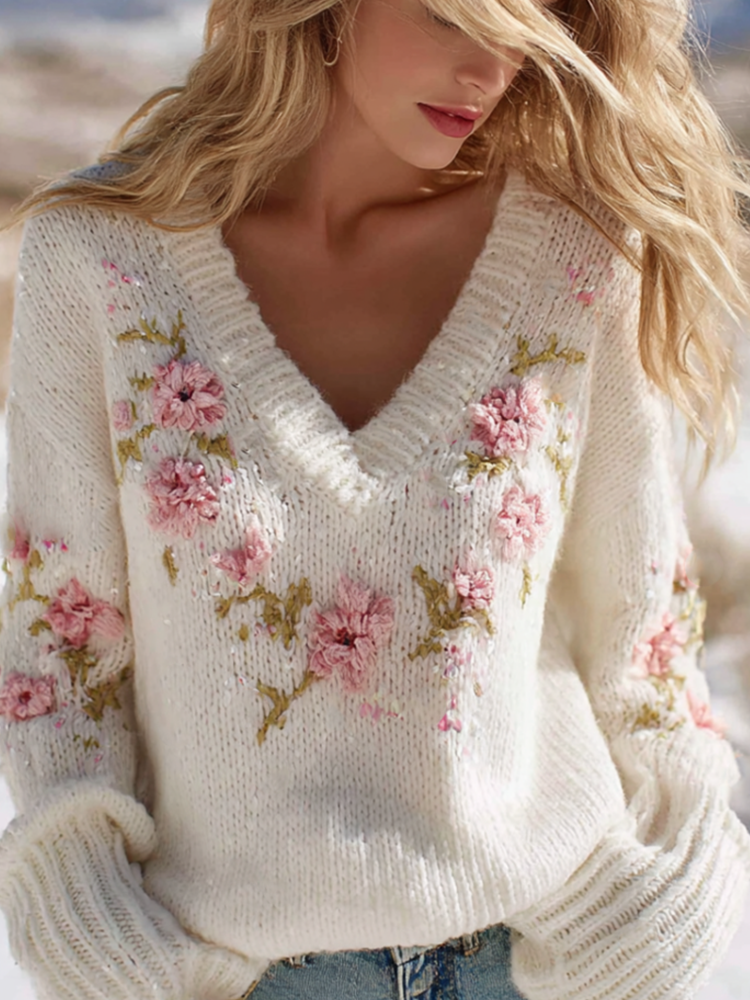 Comstylish Bohemian Style Floral Embroidery Women's V-neck Knitted Sweater