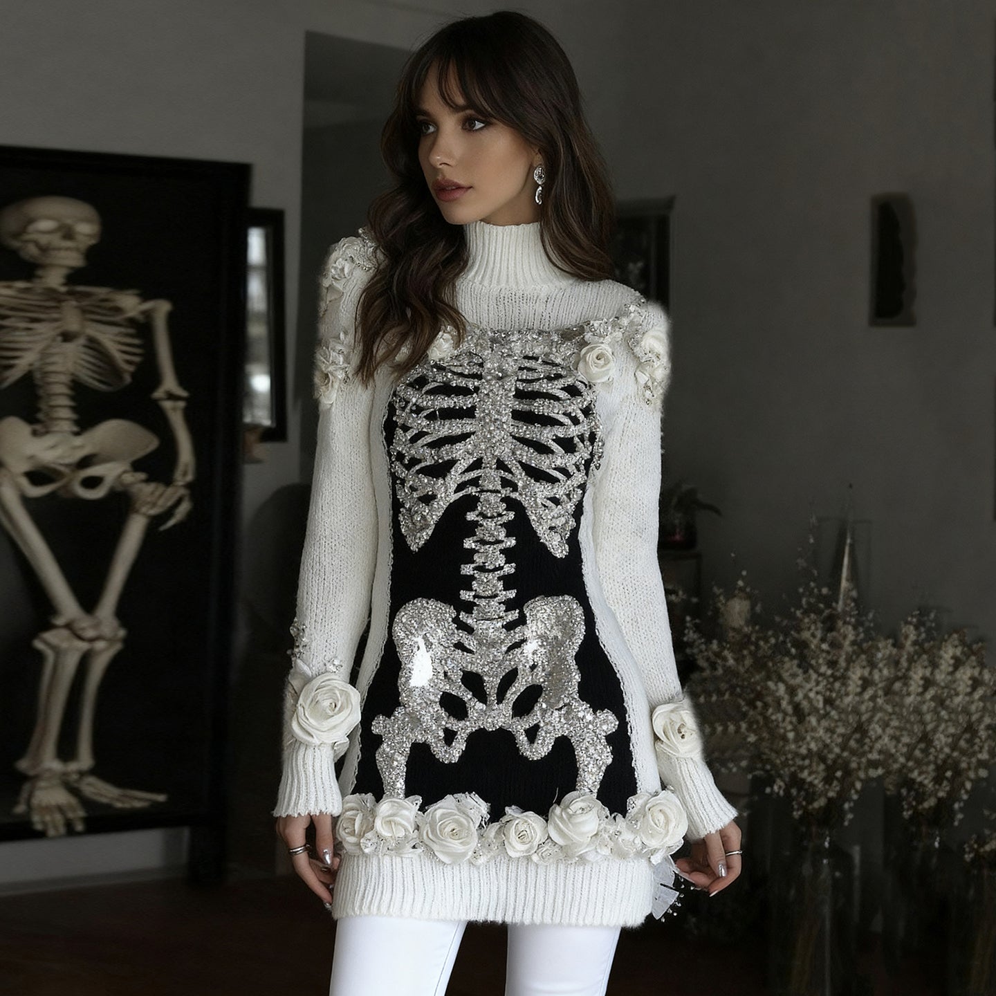 Comstylish Women's Vintage Skeleton & Rose Art Cozy High Neck Sweater