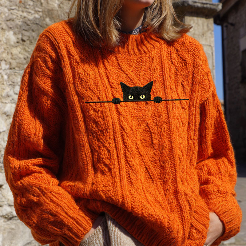 Women's Casual Funny Black Cat Print Sweater elevenforest
