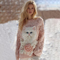 Comstylish Women's Cute White Cat Rose Pattern Cozy Knit Sweater
