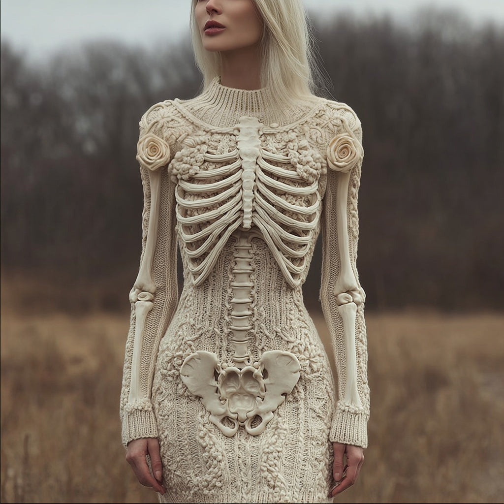 Comstylish Vintage Skeleton White Roses Slim Fit Cozy Knit Sweater Dress
