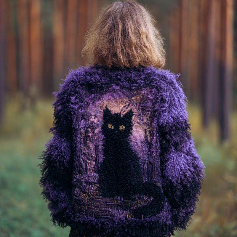 Comstylish Women's Casual Vintage Halloween Black Cat Embroidered Sweater