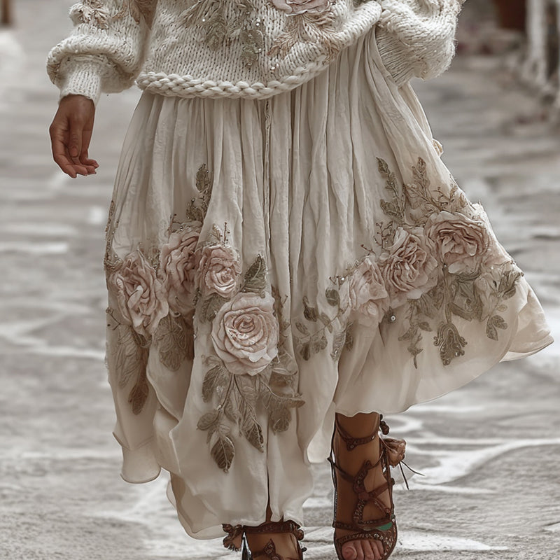 Classic Rose Art Cozy Knit V Neck Sweater And Linen Skirt Two-piece Set artswardrobe
