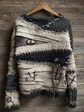 Halloween Spooky Mummy Bandages Stitched Cozy Knit Sweater artswardrobe