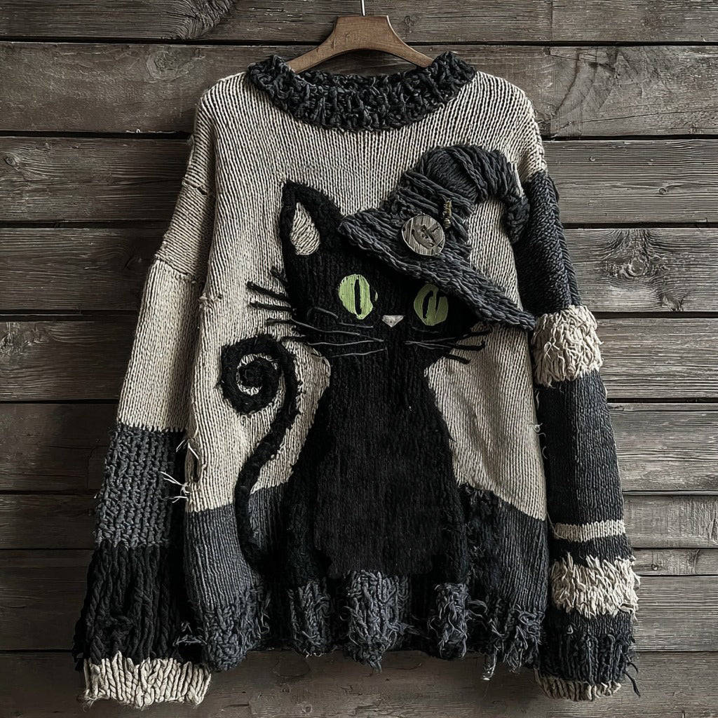 Halloween Black Cat Striped Knitted Warm Crew Neck Sweater artswardrobe