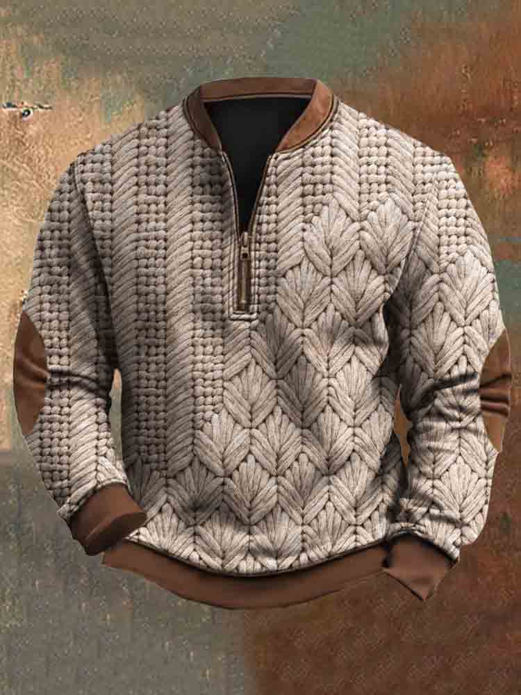 Vintage Faux Sweater Pattern Men's Zipper Sweatshirt elevenforest