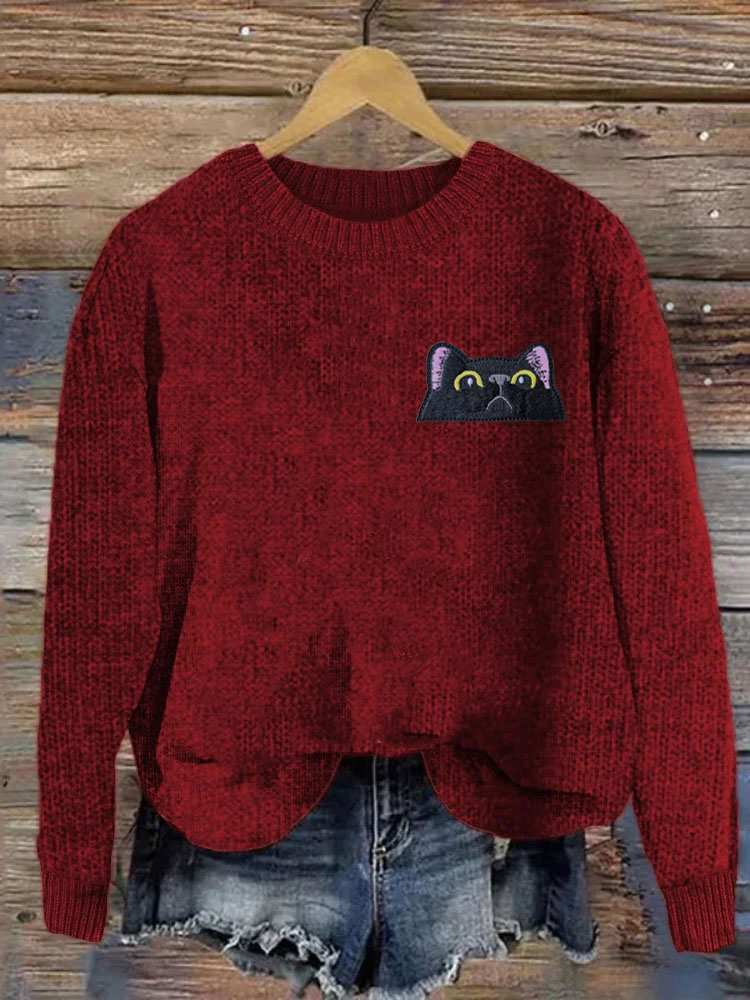Women's Casual Funny Black Cat Print Sweater elevenforest