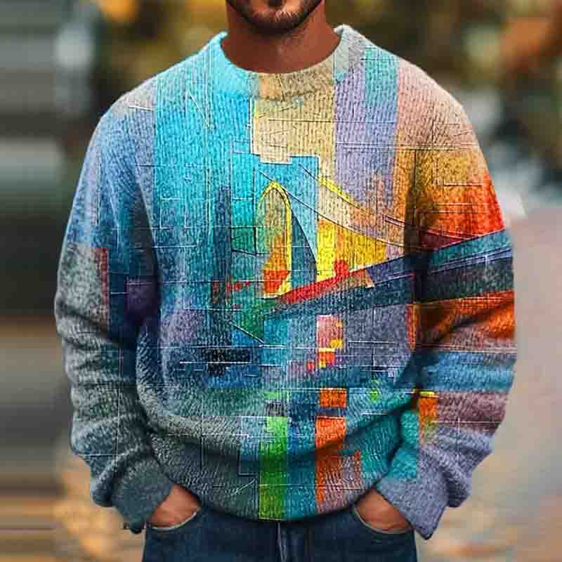 Men's Vintage Oil Painting Color Block Art Knitted Crew Neck Sweater artswardrobe
