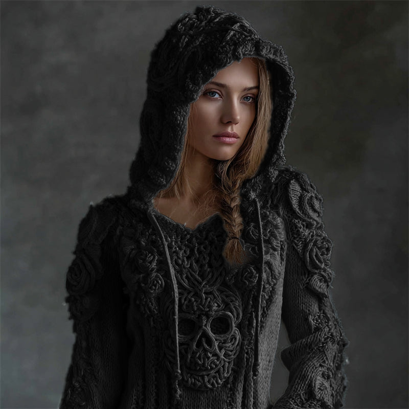 Vintage White Roses Viking Celtic Skull Hooded Cozy Knit Sweater artswardrobe