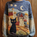 Comstylish Fairytale Cottage With Cute Black Cat Inspired Embroidered Cozy Knit Sweater