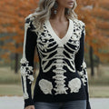 Women's Halloween Skeleton Bones With Roses And Skull Art Casual Long Sleeve V Neck Sweater artswardrobe