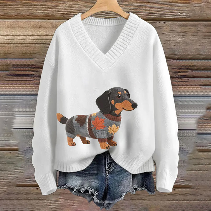 Vintage Dachshund Felt In Gradient Art Inspired Embroidered Cozy Knit Sweater elevenforest