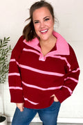 Frieda® | Fall For You oversized sweater with notched collar and crimson stripes