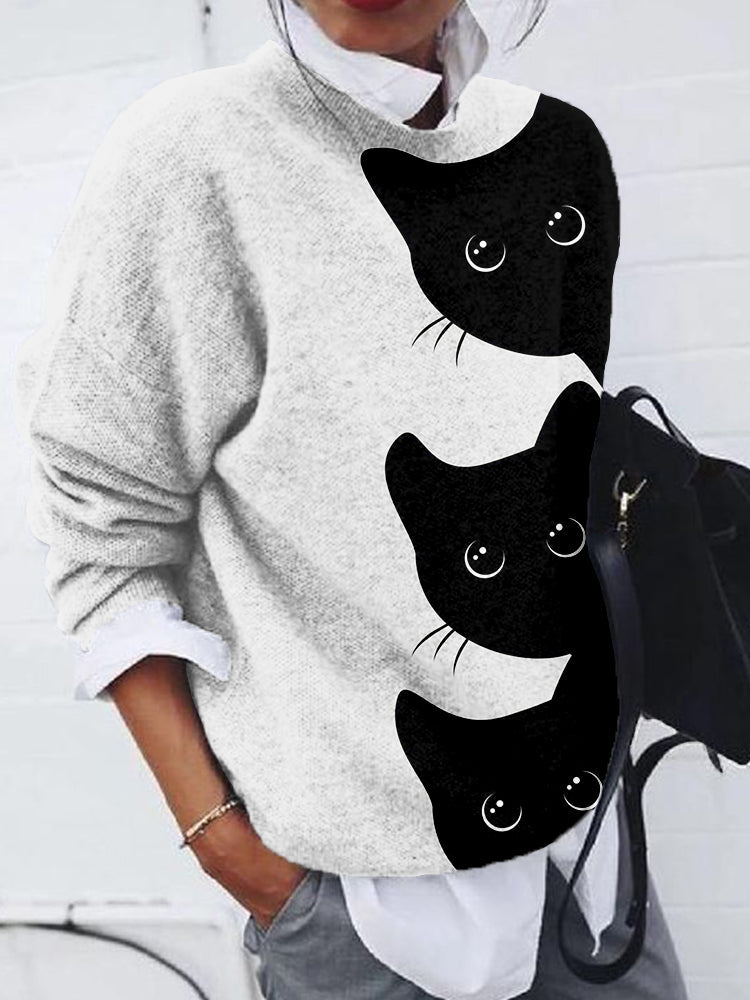 Peeking Black Cats Pattern Cozy Knit Sweater elevenforest