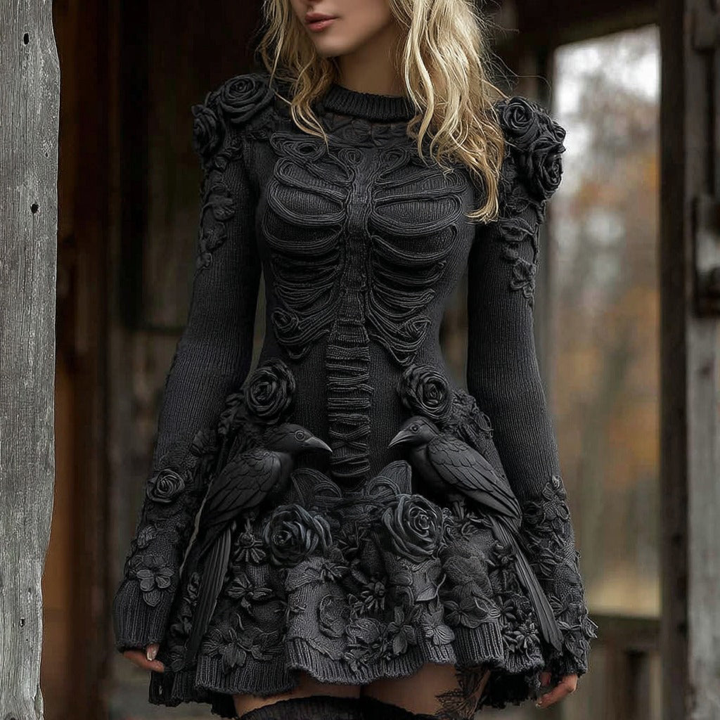 Comstylish Women's Halloween Skeleton With Rose And Raven Art Knit Mini Sweater Dress