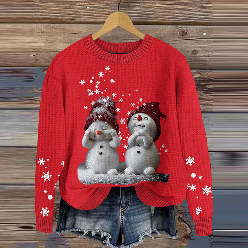 Comstylish Vintage Christmas Cute Snowman Printed Pattern Style Knitted Warm Sweater