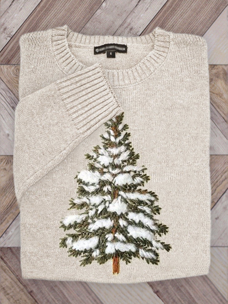Comstylish Snow On Christmas Tree Embroidered Cozy Knit Sweater