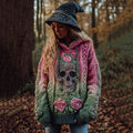 Women's Viking Tribal Jacquard Celtic With Rose And Skull Inspired Chunky Knit Hooded Sweater artswardrobe