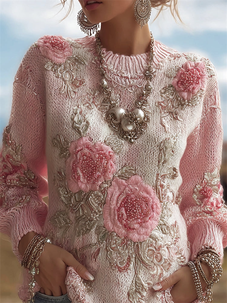 Vintage Pink Roses Beaded Embroidered Cozy Knit Sweater