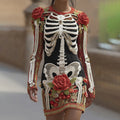 Comstylish Women's Vintage Halloween Skeleton Bones With Rose Art Cozy Knit Mini Sweater Dress