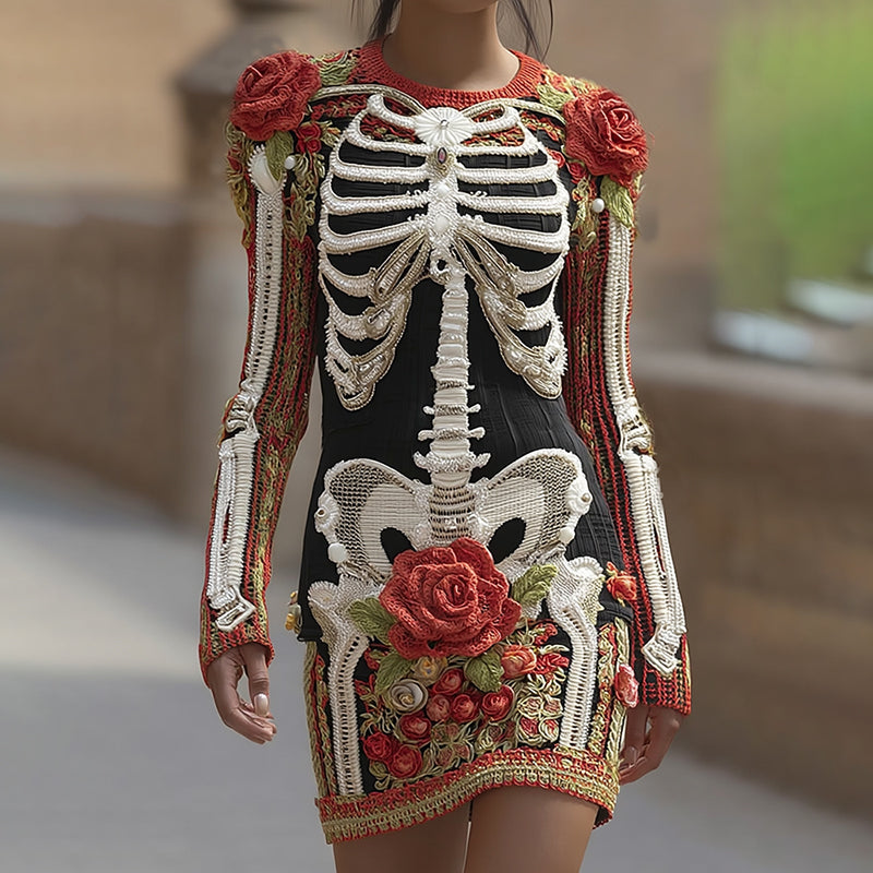 Comstylish Women's Vintage Halloween Skeleton Bones With Rose Art Cozy Knit Mini Sweater Dress