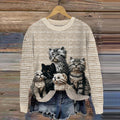 Women's Vintage Cute Cats Look Art Cozy Sweater elevenforest