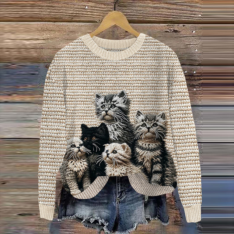 Comstylish Women's Vintage Cute Cats Look Art Cozy Sweater