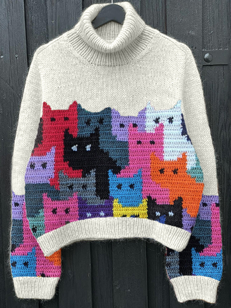 Colorful Cats Pattern Cozy Soft Knit Sweater artswardrobe