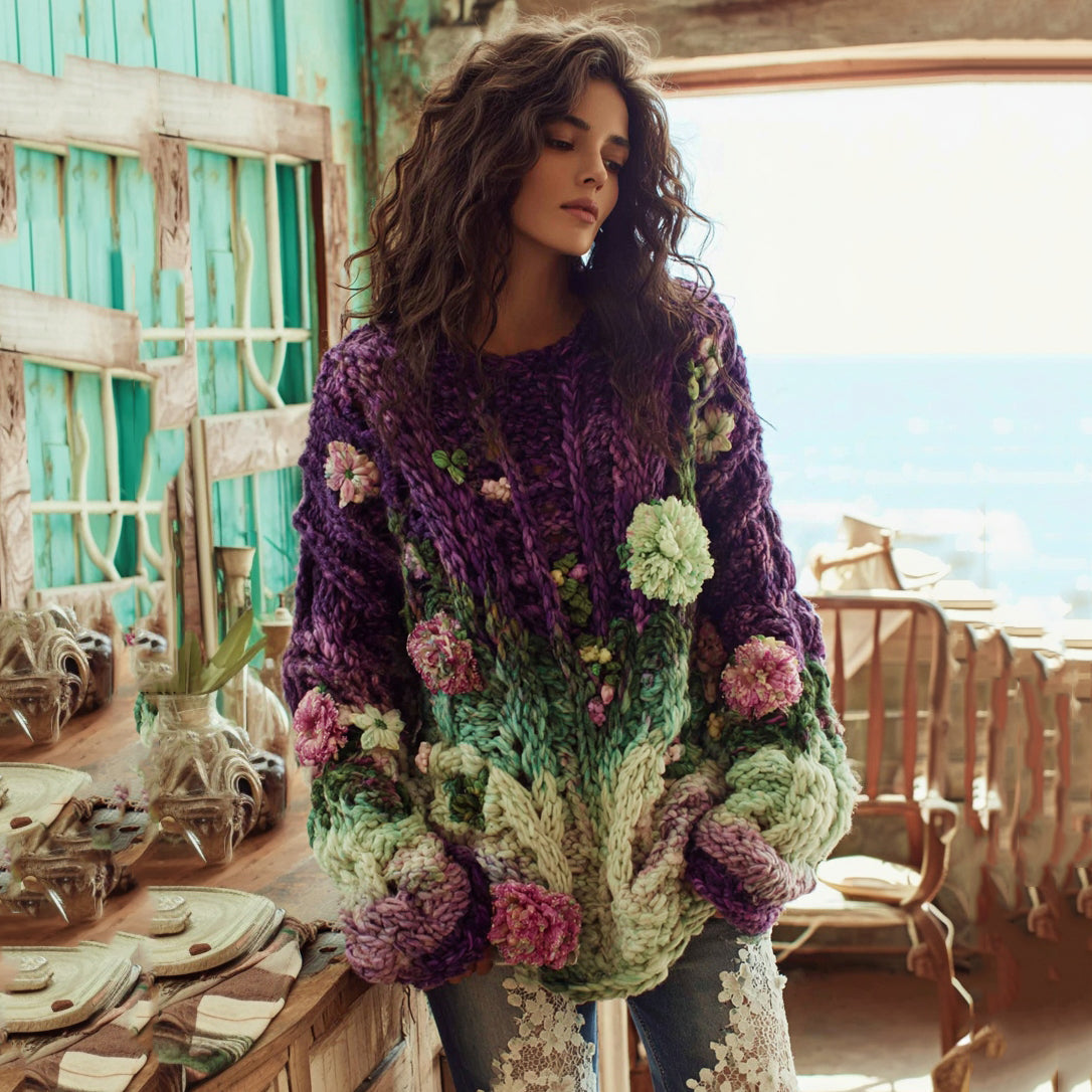 Women's Bohemian Chunky Knit Crochet Floral Ombre Crew Neck Sweater artswardrobe