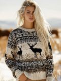 Fair Isle Style Elements Women's Round Neck Knit Sweater artswardrobe