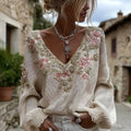 Comstylish Women's Vintage Pink Flowers Art V-neck Cozy Knit Sweater