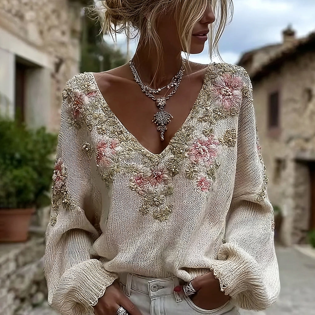 Comstylish Women's Vintage Pink Flowers Art V-neck Cozy Knit Sweater