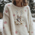 Women's Christmas Elk And Snowflake Embroidered Cozy Knit Sweater artswardrobe