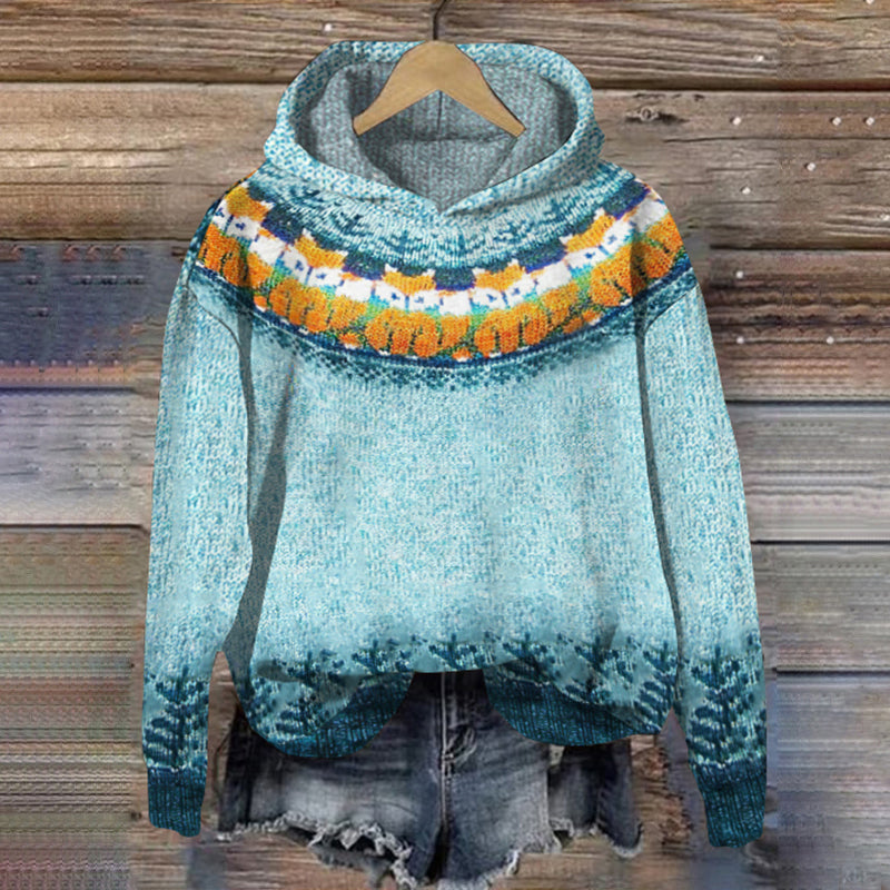Vintage Fox Contrast Jacquard Hooded Sweater elevenforest