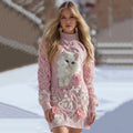 Women's Vintage Cute Cat Rose Pattern Knit Turtleneck Sweater Mini Dress elevenforest