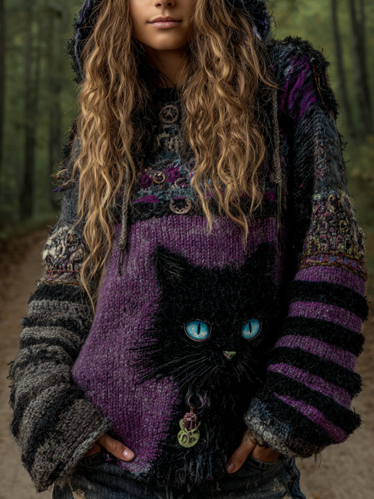 Women's Halloween Cat Embroidery Patchwork Vintage Hooded Sweater artswardrobe