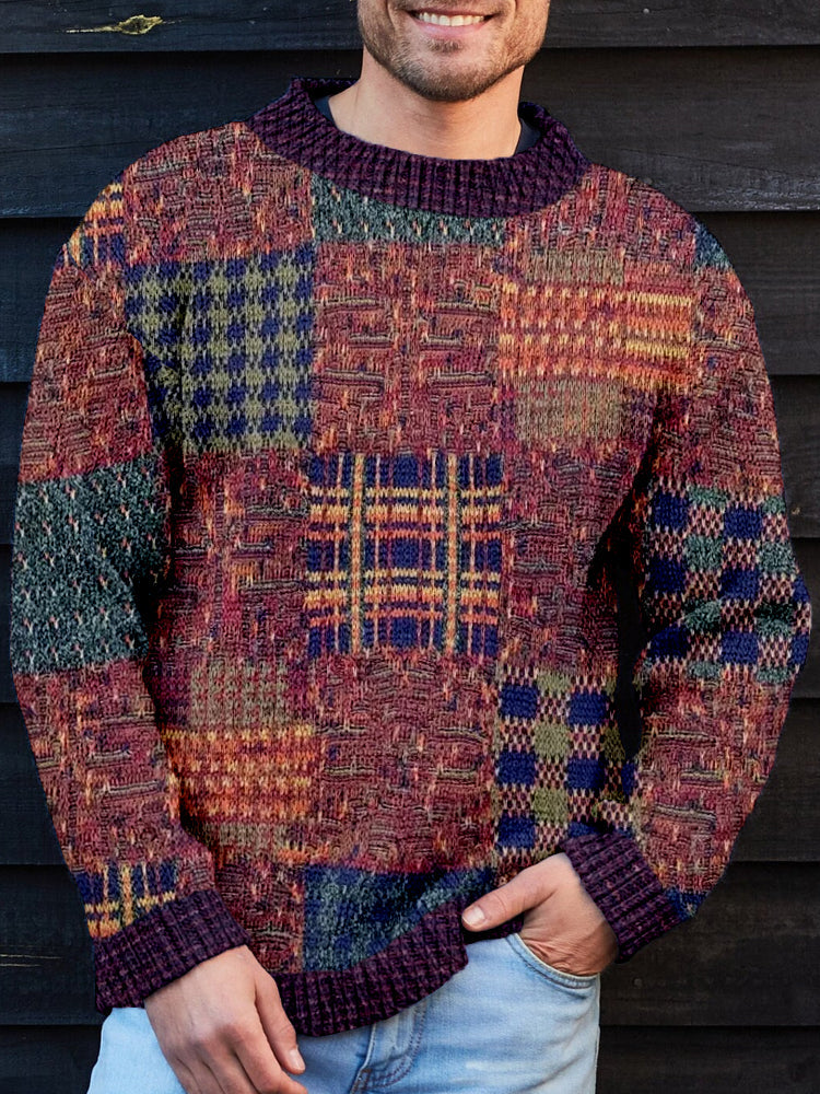 Men's Retro Knit Patchwork Crew Neck Cozy Sweater artswardrobe