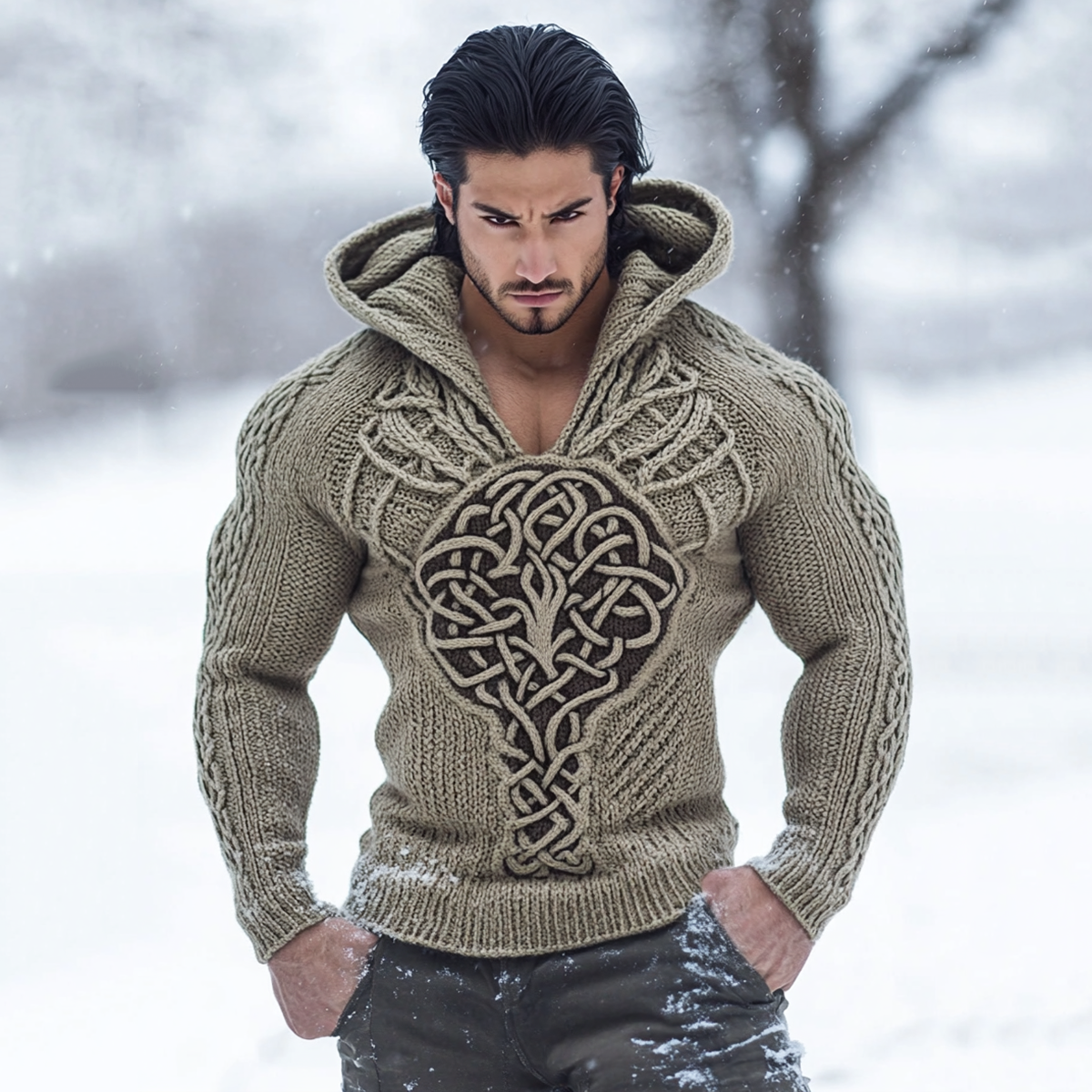 Irish Celtic  Tree Of Life  Jacquard Cozy Knit Hooded Sweater artswardrobe
