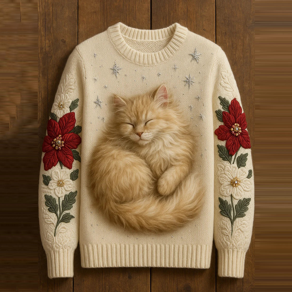 Comstylish Women's Cute Sleep Cat With Floral Art Knitted Warm Sweater