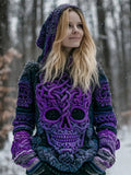 Viking Skull Pattern Women's Chunky Knit Hooded Sweater artswardrobe