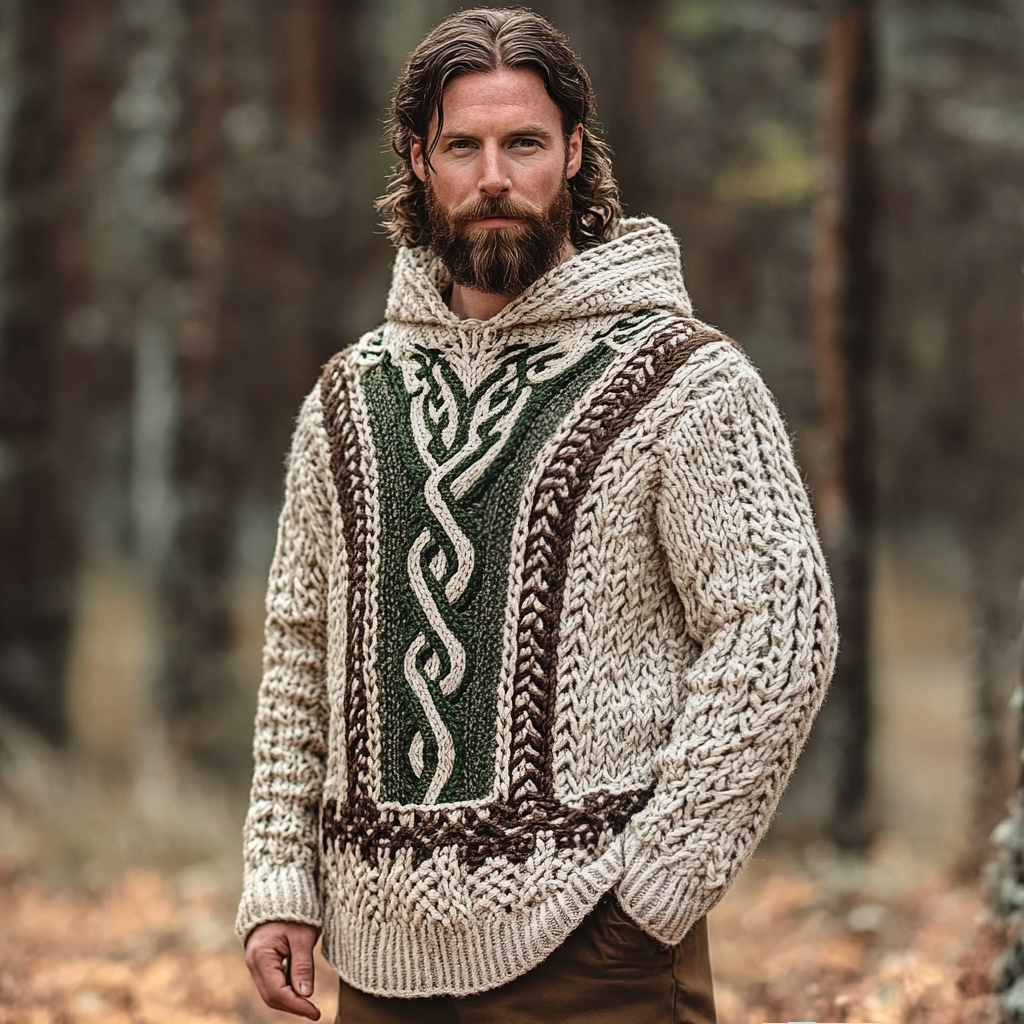 Men's Vintage Celtic Knot Jacquard Aran Hooded Sweater artswardrobe