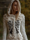 Comstylish Elegant White Roses Beaded Skeleton Hooded Cozy Knit Sweater