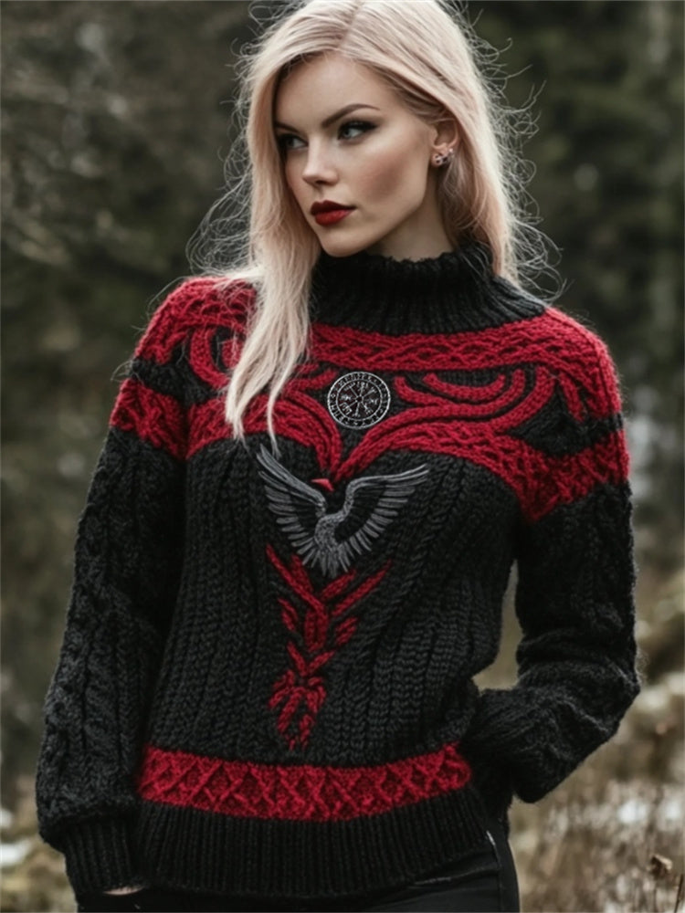 Raven Viking Vegvisir Embroidered Celtic Contrast Cozy Chunky Sweater artswardrobe